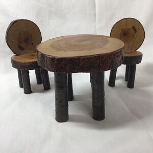 Vintage Doll House, hand made log table and 2 chairs